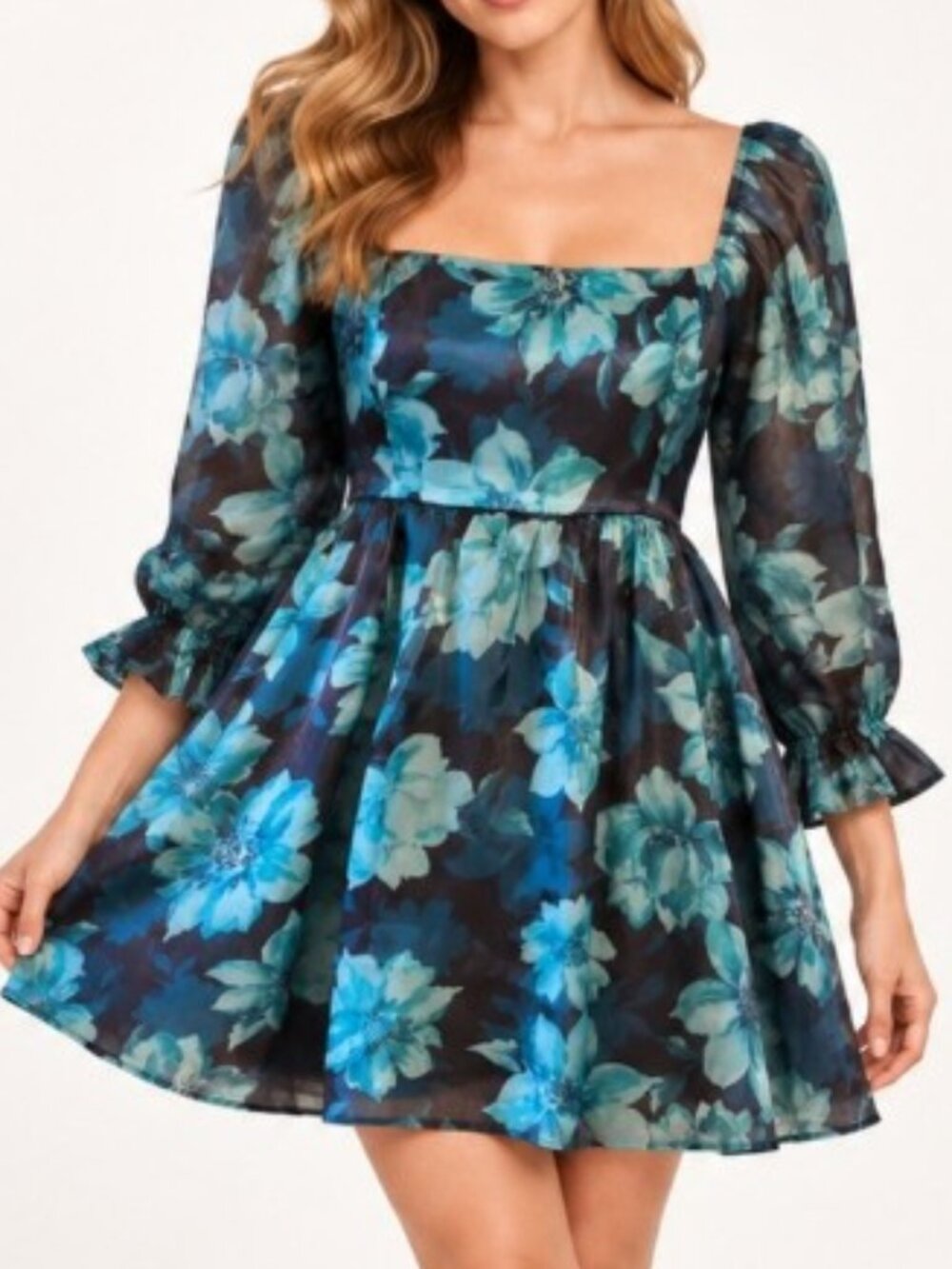 Thirty/Thirty LA Empire Waist Babydoll Floral Dress Teal Black Medium Puff Sleev